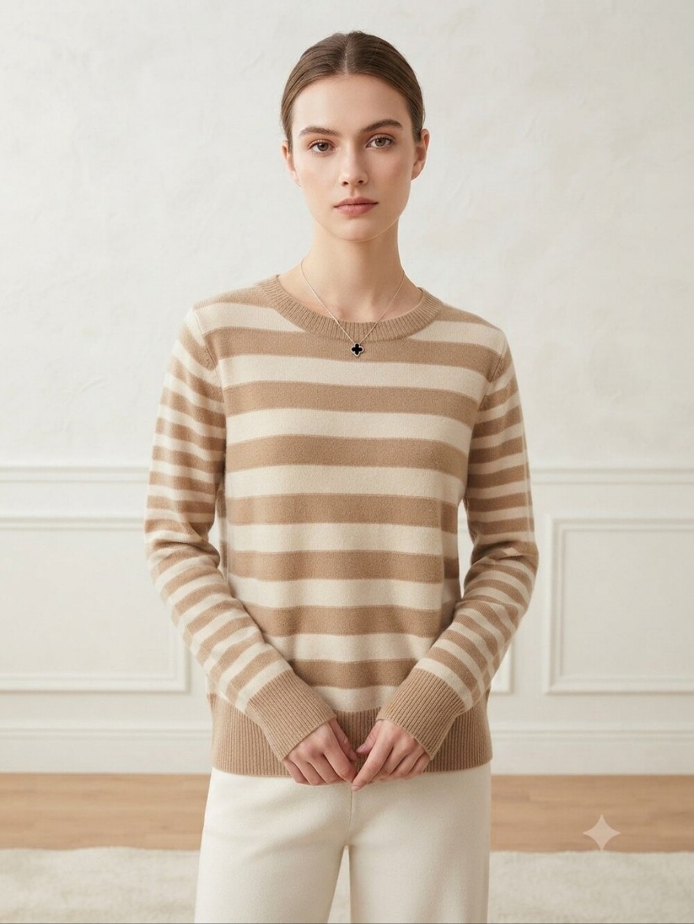 Ellen Tracy Beige and Cream Striped Crewneck Sweater